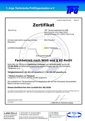 zum Arge TPO Zertifikat für TAT Tankreinigung Hamburg
