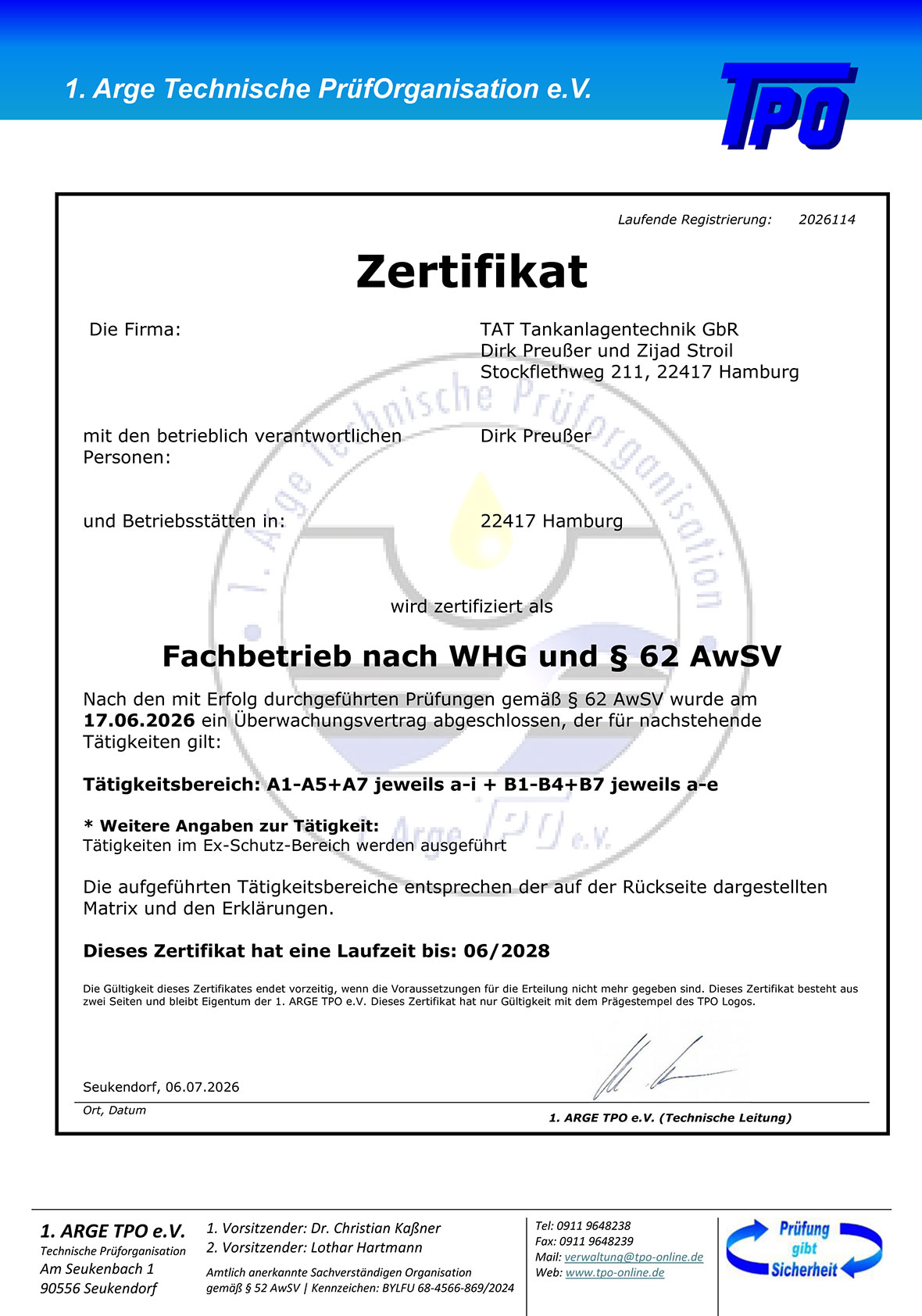 Arge TPO Zertifikat für TAT Tankreinigung Hamburg