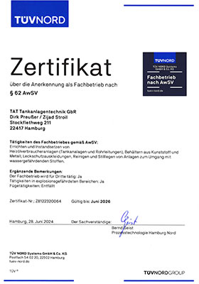 zum TÜV NORD Zertifikat für TAT Tankreinigung Hamburg