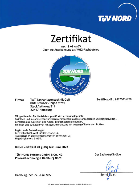 TÜV NORD Zertifikat für TAT Dirk Preußer und Zijad Stroil Hamburg