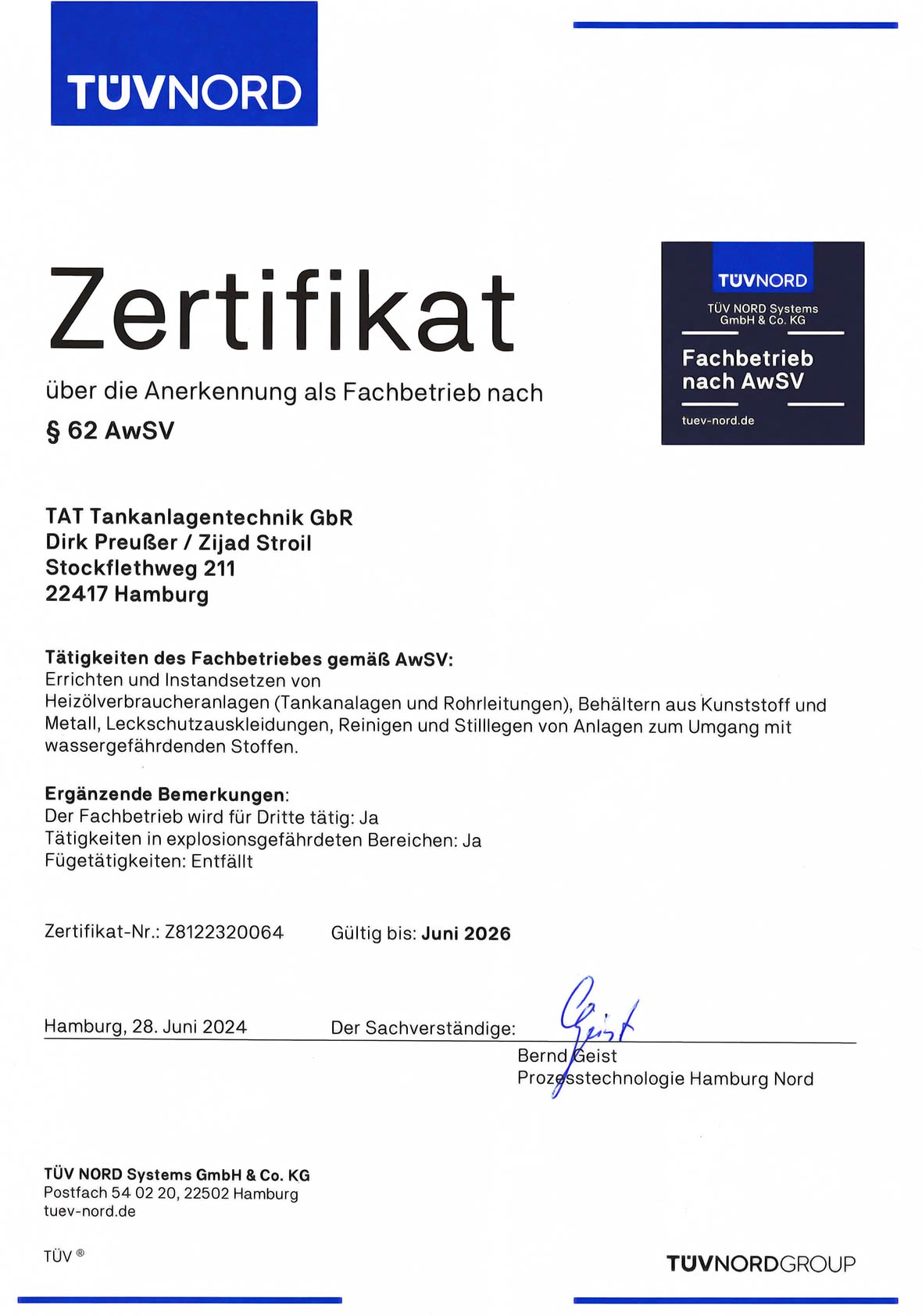TÜV NORD Zertifikat für TAT Tankreinigung Hamburg